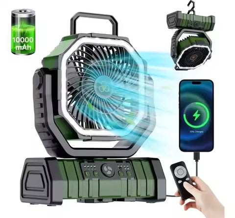 Ventilador de acampamento portátil com luz, 4 velocidades com controle remoto e temporizador