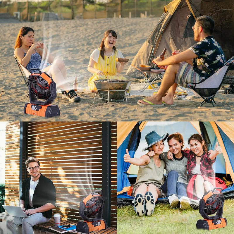 Ventilador de acampamento portátil com luz, 4 velocidades com controle remoto e temporizador