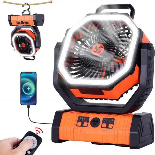 Ventilador de acampamento portátil com luz, 4 velocidades com controle remoto e temporizador